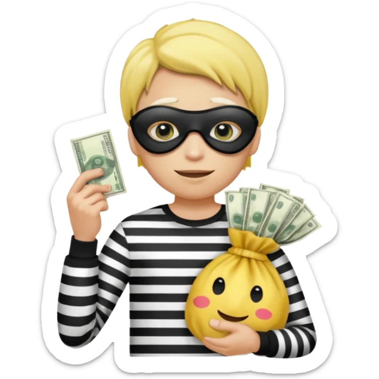 Make a yellow person with a eye mask and black and white shirt and a bag of money sticker