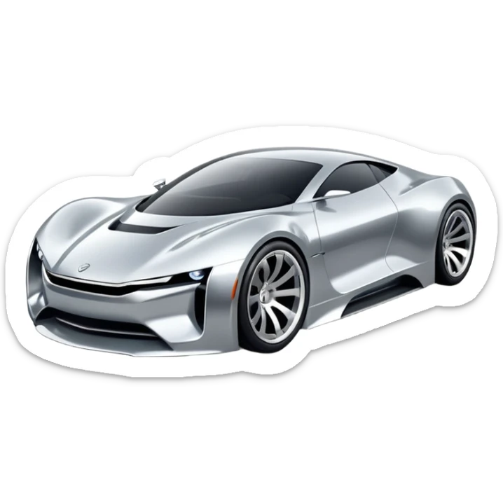 A low-profile futuristic car emoji made of polished silver chrome, wide body stance, smooth aerodynamic shape, glossy metallic surface, soft reflections, luxury swag aesthetic, minimal details, iOS emoji style, centered on clean white background, studio lighting sticker
