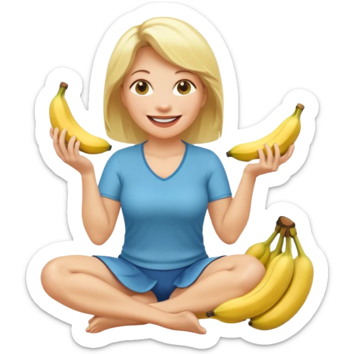 A blonde middle-aged woman kneels with two bananas in her mouth. sticker