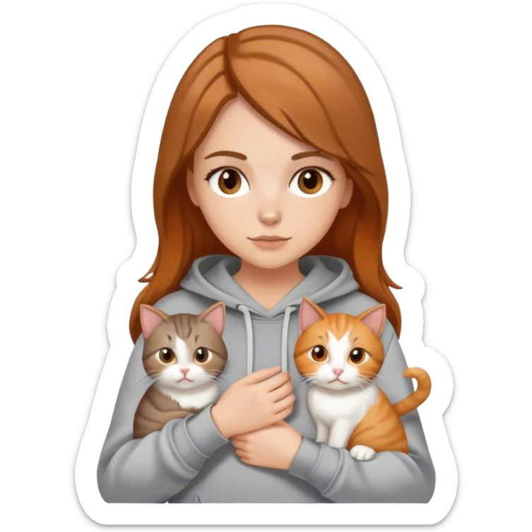 A white girl with brown caramel hair with highlights wearing a gray hoodie holding two cats one is white and baige and the other one is orange and white  sticker