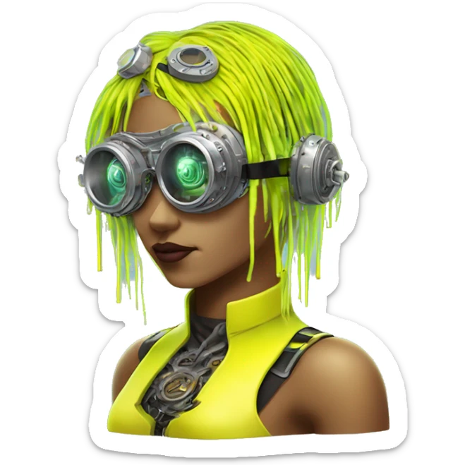 Neon yellow bobbed hair Latina female cyborg head with silver steampunk goggles and circuits sticker