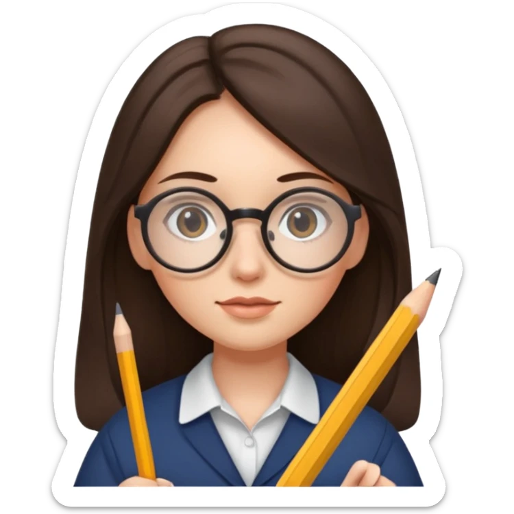 brunette woman with long hair and round glasses, holding a pencil sticker