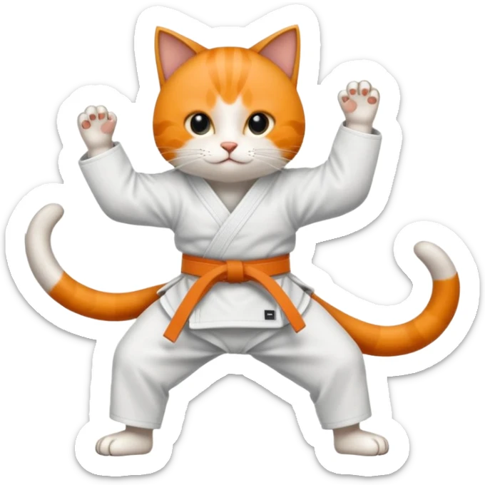 Katze im Judoanzug mit schwarzem Gürtel beim Kämpfen mit ausgestrecktem Bein sticker