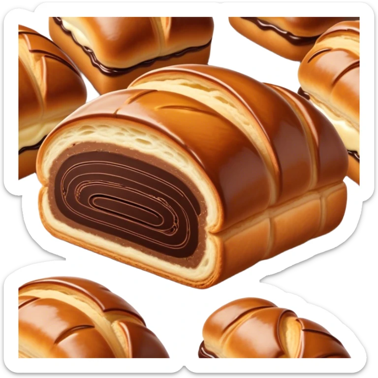 Cinematic warm pain au chocolat, flaky golden-brown pastry with a rich chocolate filling peeking through, perfectly crisp exterior, soft glowing highlights, inviting and indulgent. sticker