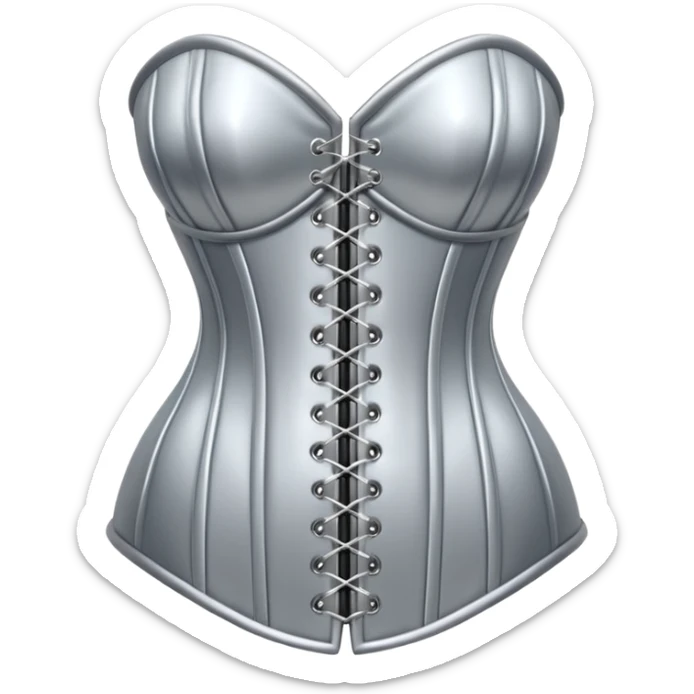 A luxury corset emoji made of silver chrome, smooth metallic curves, minimal fashion silhouette, glossy reflections, sensual high-end aesthetic, iOS emoji style, centered, clean white background sticker