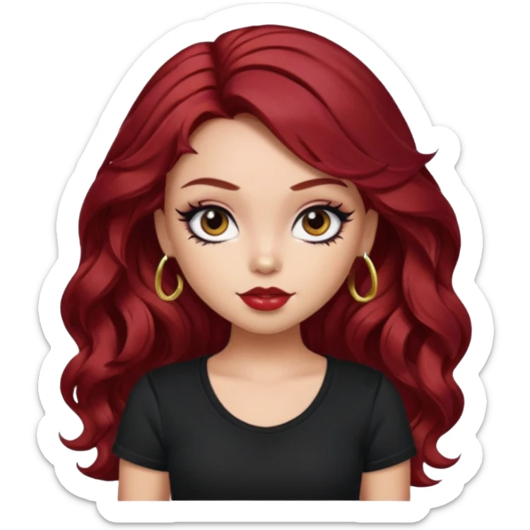 a pretty fair bratz girl with wavy dark red hair, wearing a black tee. eyeliner on sticker