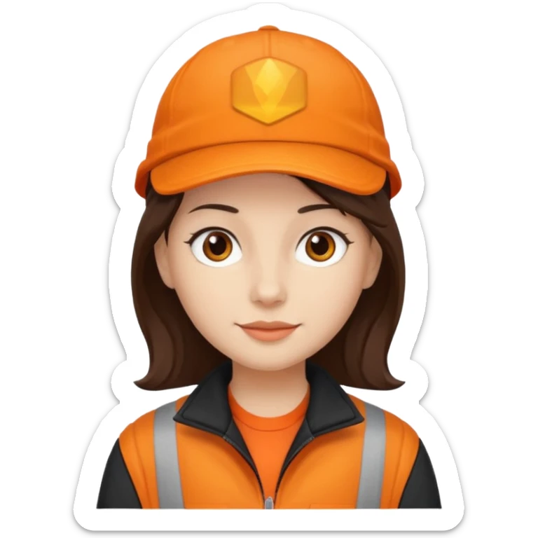 Kindly Keyin with dark brown hair, orange cap and shirt, black jacket sticker