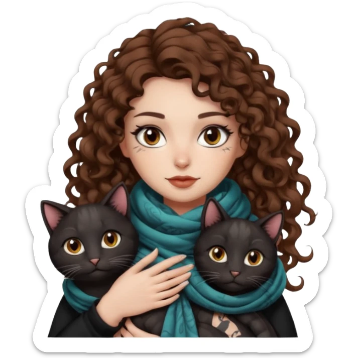 bust woman long curly brown hair brown eyes white skin tattoos with black cat wrapped around shoulders like scarf sticker