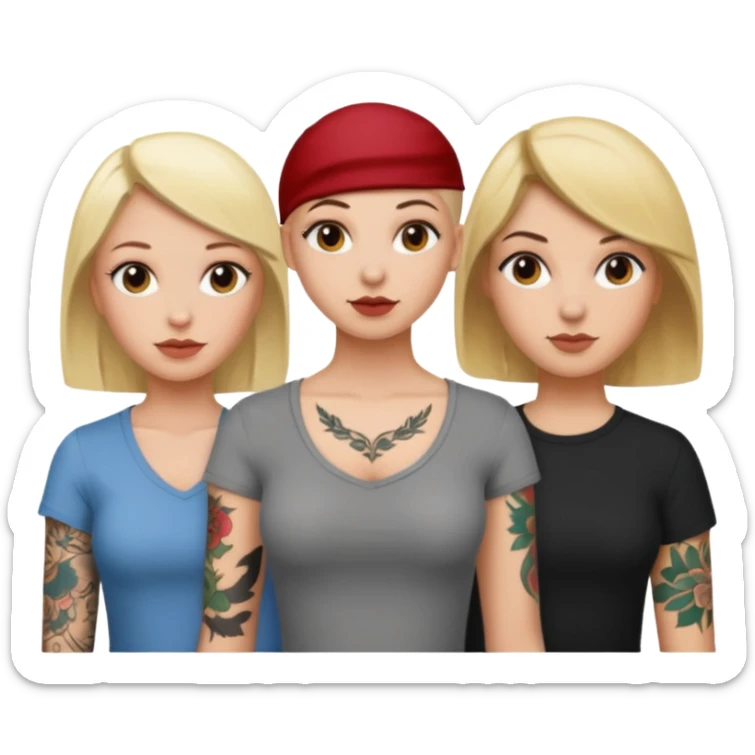 throuple blonde femaleand brunette female with bald tattooed sticker