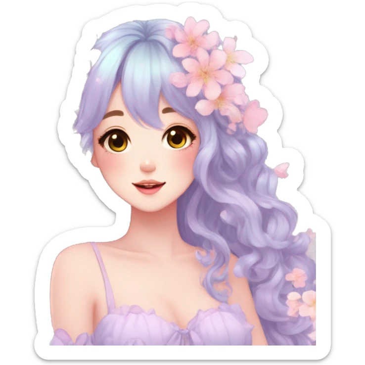 Gorgeous Pastel Anime-Style Lady with beautiful hair flower petals cottagecore fairycore pastelcore kawaii aesthetic trending style sticker