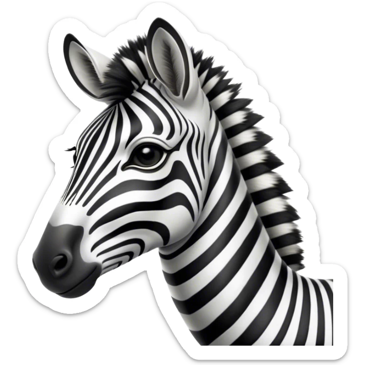 Cinematic Noble Zebra Portrait Emoji, Poised and regal, with a lean, elegant build and a striking Fur of bold black and white stripes, deep-set soulful piercing eyes, Simplified yet sharp and sophisticated features, highly detailed, glowing with a soft, dignified glow, high shine, intelligent and graceful, stylized with an air of savannah chic, focused and attentive, soft glowing outline, capturing the essence of a watchful and confident equine, so majestic it feels as though it could gallop out of the screen with effortless authority! sticker