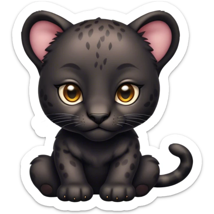 Cinematic Noble Baby Panther Portrait Emoji, Poised with a touch of regal innocence, featuring a compact, sleek build with soft, dark fur and large, soulful eyes, Simplified yet sharp and sophisticated features, highly detailed, glowing with a gentle, mysterious glow, high shine, intelligent and endearing, stylized with an air of youthful authority, focused and attentive, soft glowing outline, capturing the essence of a tiny jungle guardian that appears ready to pounce out of the screen with effortless charm! sticker