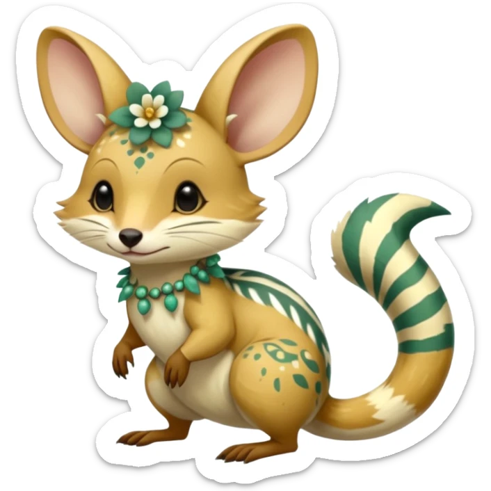 Tropical Exotic Colorful Beige-yellow, Jade-green, white specks, Floral Numbat-Bilby-Quoll-Furret-Fakémon-furry-fursona-creature (full body) with tribal markings sticker