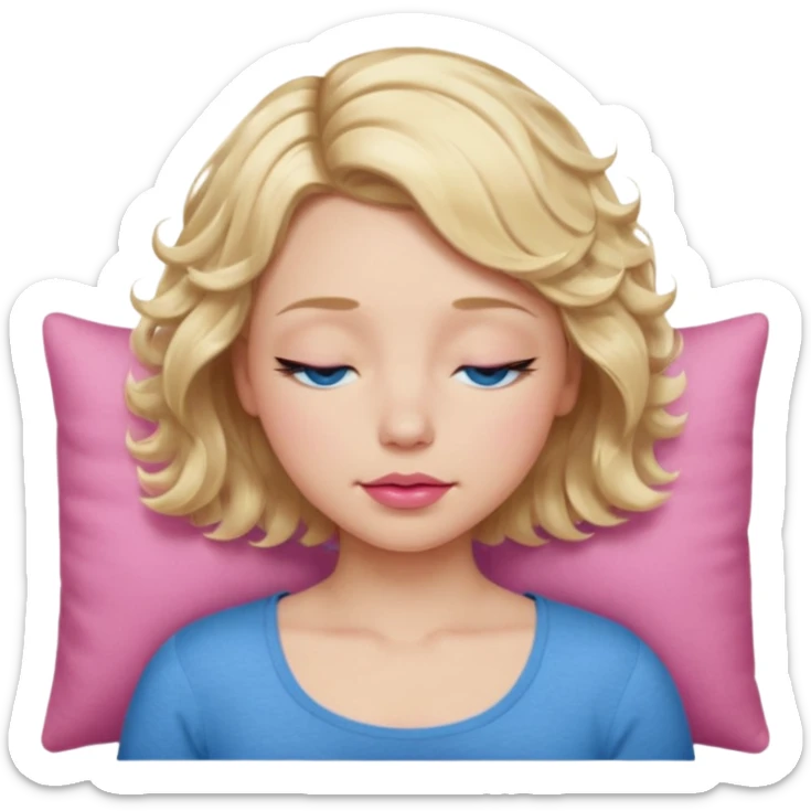 Girl Blonde short wavy hair,  blue eyes, cute blue top, long lashes, pink lips, sleeping eyes closed sticker