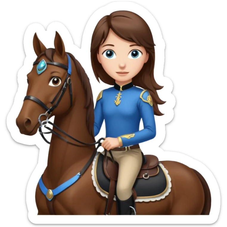 A brown hair, blue eyes girl riding a bay horse with black saddle and bridle sticker
