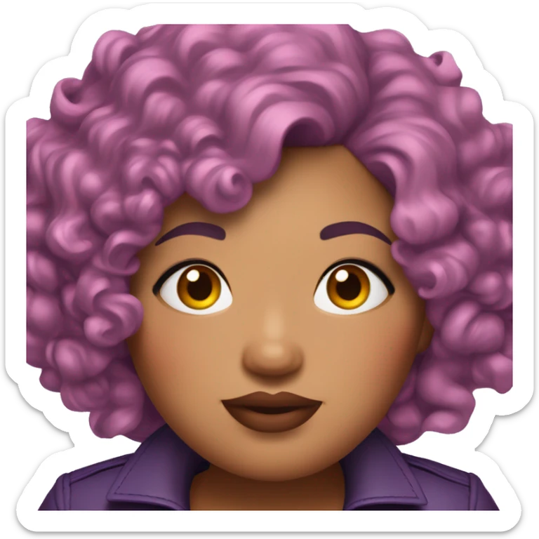 Plus size woman with very short pink curly hair and a purple leather jacket with makeup on face. sticker