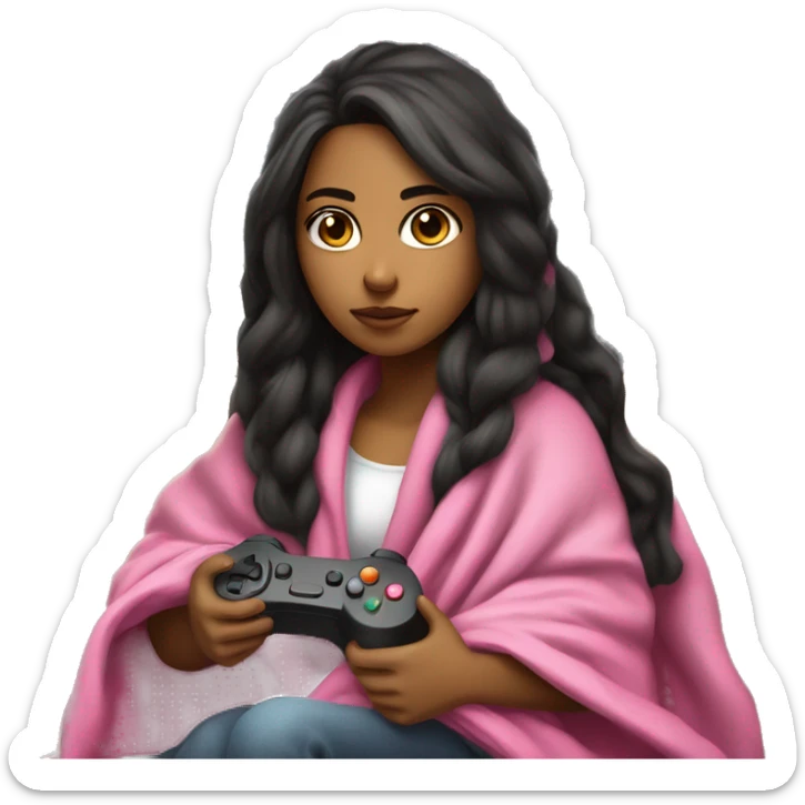 Olive skinned girl with long dark hair wrapped up in a blanket sitting on a couch with a pink gaming controller in her hands sticker