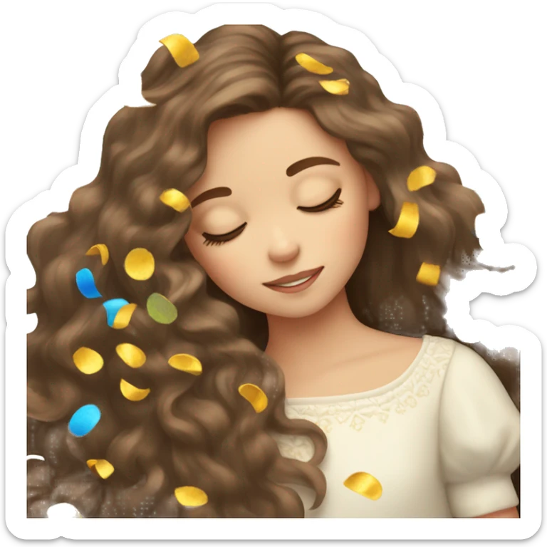 Sleeping little girl with long brown hair and confetti in her hair  sticker