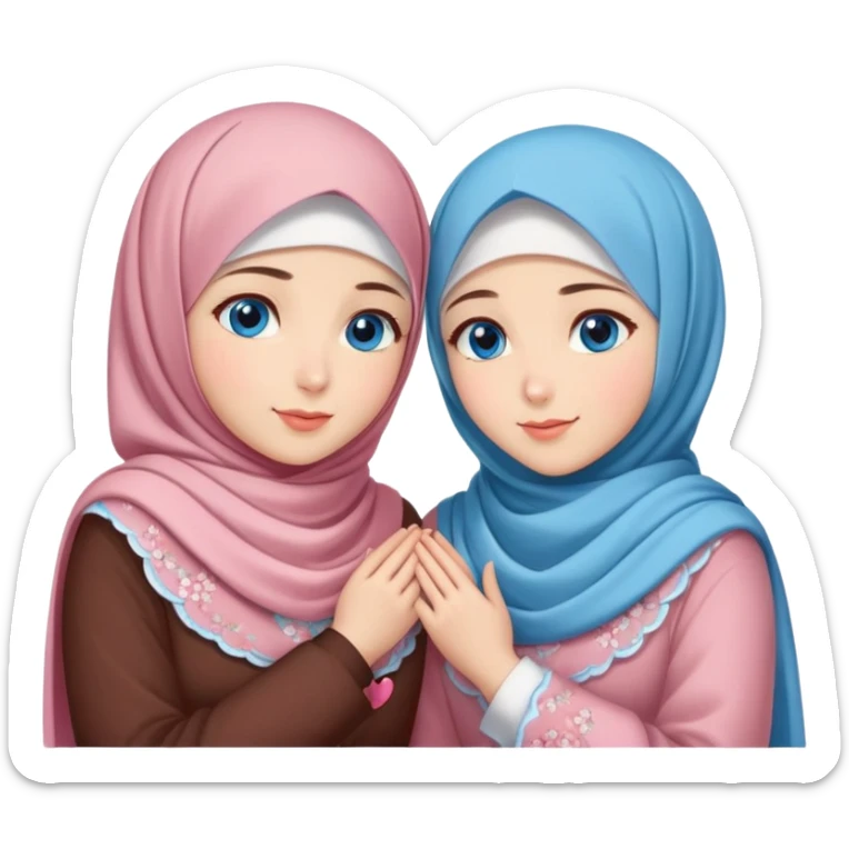 Two friendly sister Turkish girls beautiful finish Konya blue eyes with cherry blossom hijab and heart dress and hugs  sticker