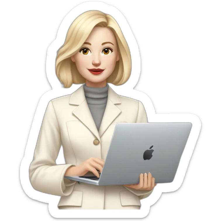 pale skin woman with ash blonde Straightened bob Hair, White Spacious classical jacket, beige palazzo Arrow pants and gray blouse holding a MacBook in the hands sticker