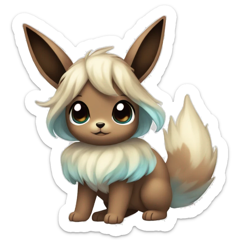 Kawaii Shiny Pastel Eevee with dark brown long emo hair covering her eyes Full Body sticker