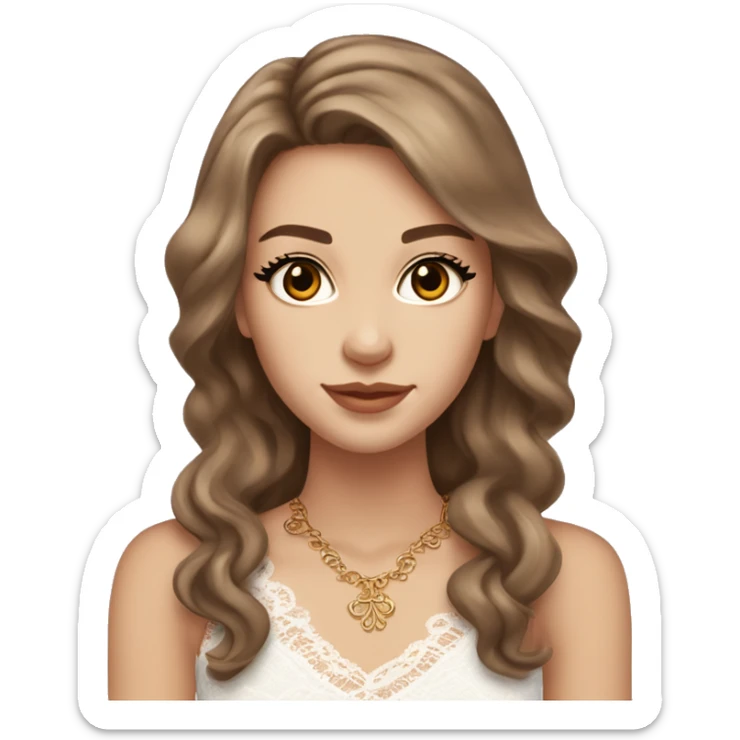 fair-skinned girl with dark brown, almond-shaped eyes and long lashes. long, light brown hair styled in a voluminous, wavy blowout. wearing a delicate white lace tank top and a dainty gold necklace, creating an elegant and feminine look. sticker