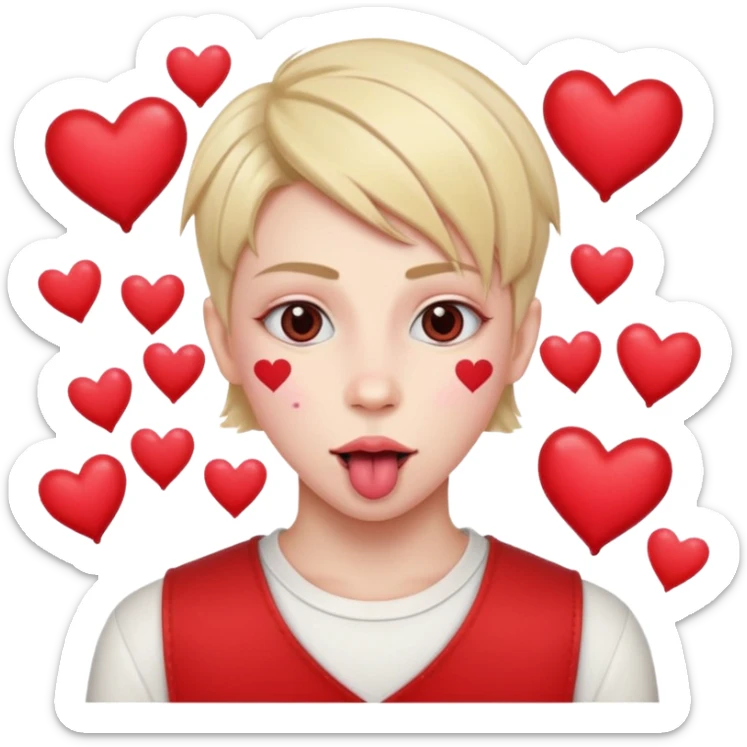 A cross eyed unisex with their tongue out far with Valentine’s Day decor/hearts around sticker