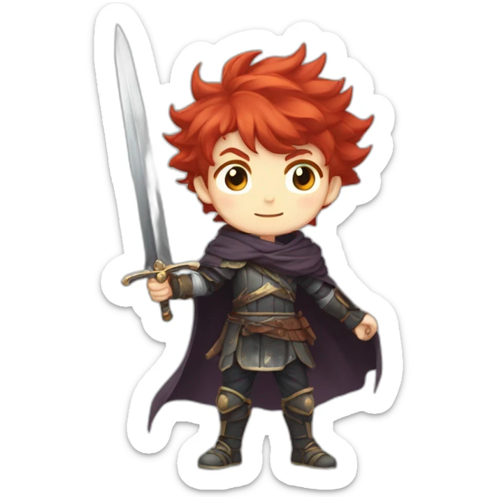 Anime boy with Red hair, with cheeky grin and pointy fluffy hair with a sword in a defense stance, alone sticker