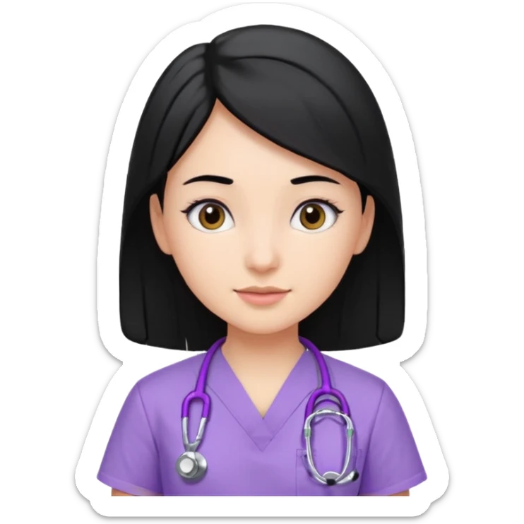 A girl with side parted black hair in lilac scrubs and black stethoscope  sticker