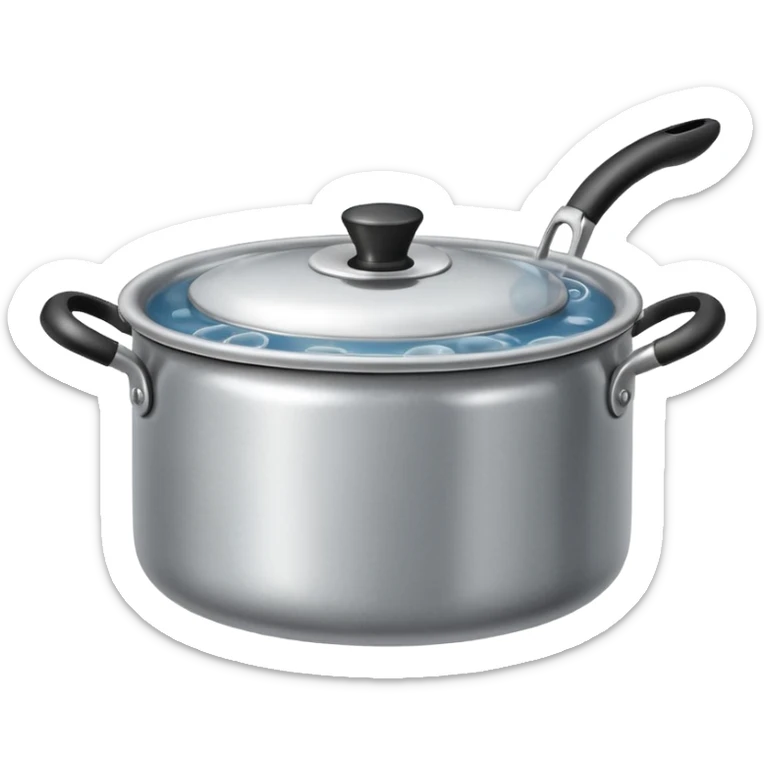 small metal pot filled with boiling water on a stove, visible hot steam and rising bubbles, realistic heat effect, shiny pot surface, bright lighting, clean white background

 sticker