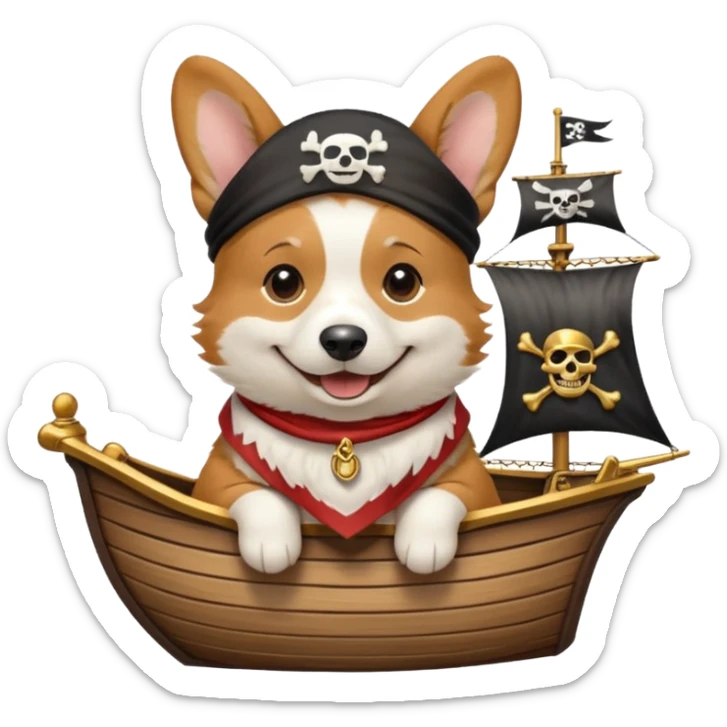smiling corgi with pirate accessories bandana and gold earring on a cartoon pirate ship sticker