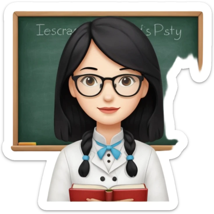 Profesora de pastelería, piel blanca con gafas y pelo negro largo y con una pizarra detrás y libros sticker