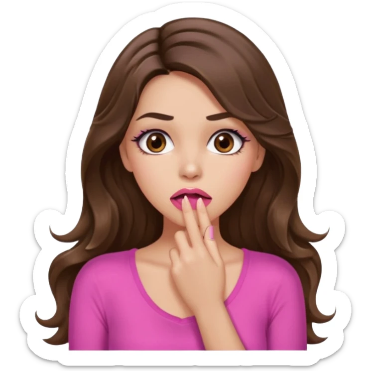 girl with long wavy brown hair, brown eyes, long lashes makeup, sexy pink lips, light to medium complexion, pink sexy top, shocked, hand covering mouth sticker