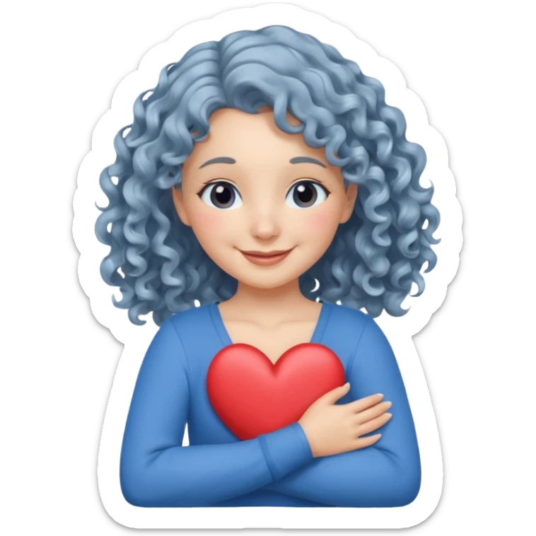 Silver, wavy/curly hair chin-length lady giving hug with 2 arms, blue v-neck and smilingm add a heart sticker