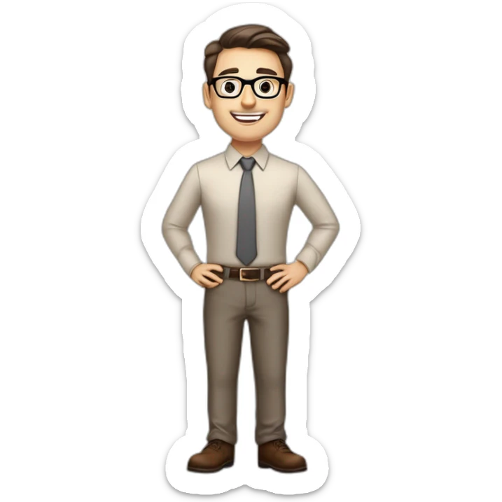 Pale skinned fit man with dark brown hair in gray jacket, beige office shirt, brown tie, brown pants and vintage glasses Writing on the flipchart sticker