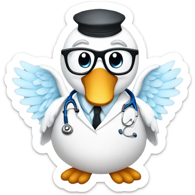 an adult swan with wings dressed with a clinician costume with glasses and a stethoscope sticker