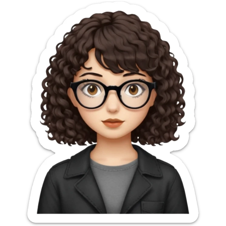 A girl with fair skin, brown eyes with black square glasses, eyeliner, shoulder length curly hair with bangs, with a grunge outfit  sticker