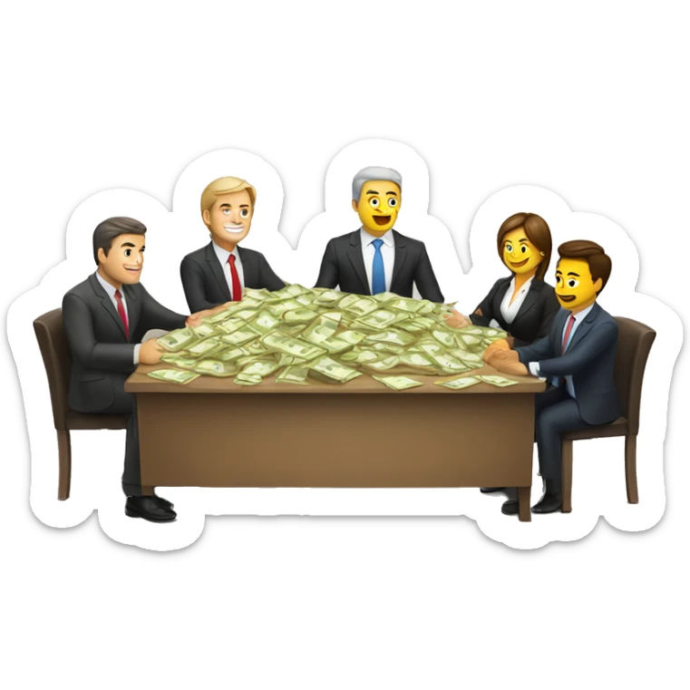 Group of business people sitting around a big table. A sack of cash is in the middle of the table sticker