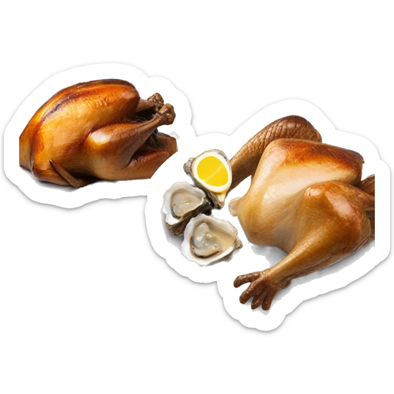Turkey next to blackened toast and oysters and a a slice of toast sticker