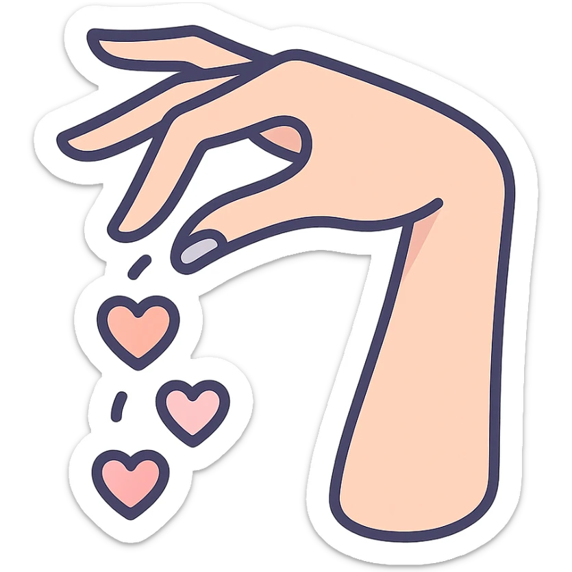 female hand in elegant gesture sprinkling hearts like seasoning, icon-color-outlined style, detailed shadows and highlights, thin clean contours, soft rounded shapes, pastel palette #98B5BC, #B5B3C1, #C9A3C9, #E4C0CA, #F7DCD1, #F7C0AA, modern Japanese pop art and sticker aesthetic, soft lighting, transparent background sticker