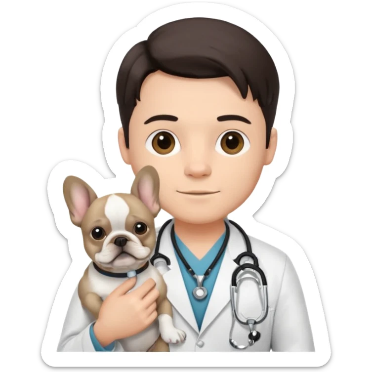 joven médico con el pelo un poco largo pero no tanto y lacio, que tenga un estetoscopio de color de tez negra que sostiene un bulldog francés blanco sticker