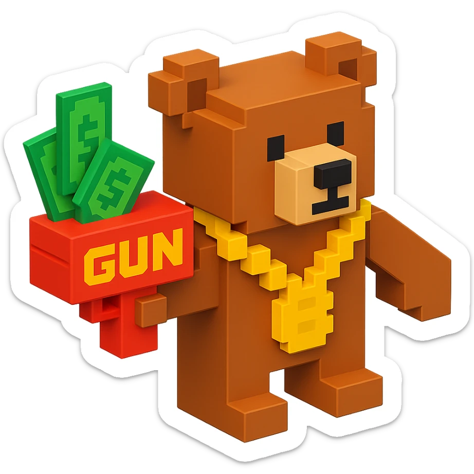 Russian grizzly bear wearing a rapper chain and holding a money gun sticker