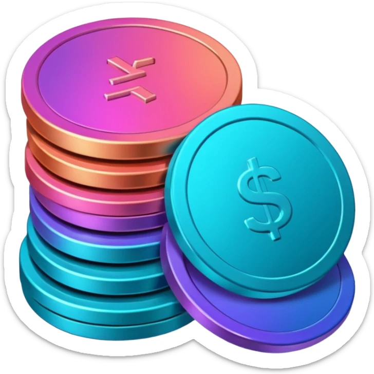 Stack of coins in gradient of turquoise, blue, pink, purple, and coral color sticker