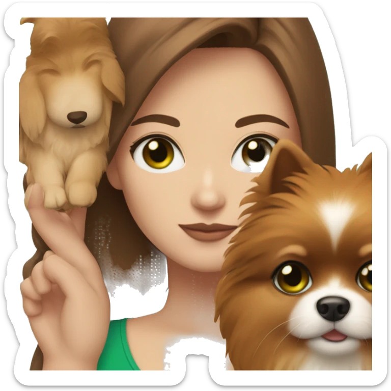 Woman with green eyes, white skin, brown hair and a Pomeranian puppy sticker