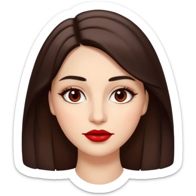 A woman emoji with fair skin, slightly wavy dark brown hair parted in the middle, an oval-shaped face, arched dark eyebrows, almond-shaped brown eyes, a small straight nose, and full lips with deep red lipstick. sticker