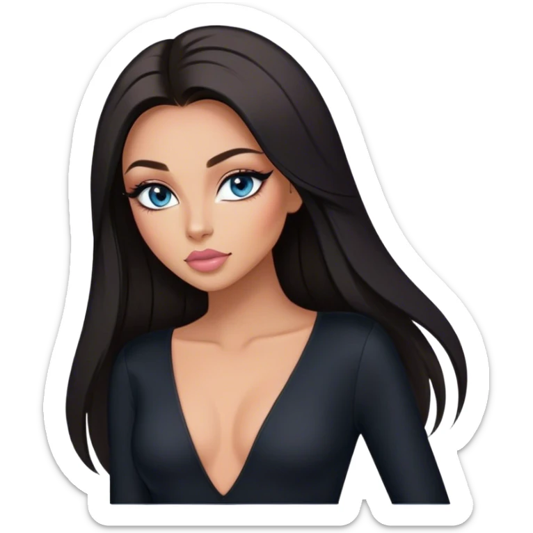 Glamours make-up, tanned, beautiful, girl, with blue eyes, big pump peach-beige-rose lips, eyeliner, long lashes, black straight smooth silky long hair, parting hair in the middle,  in black v-neck bodysuit long sleeves sticker