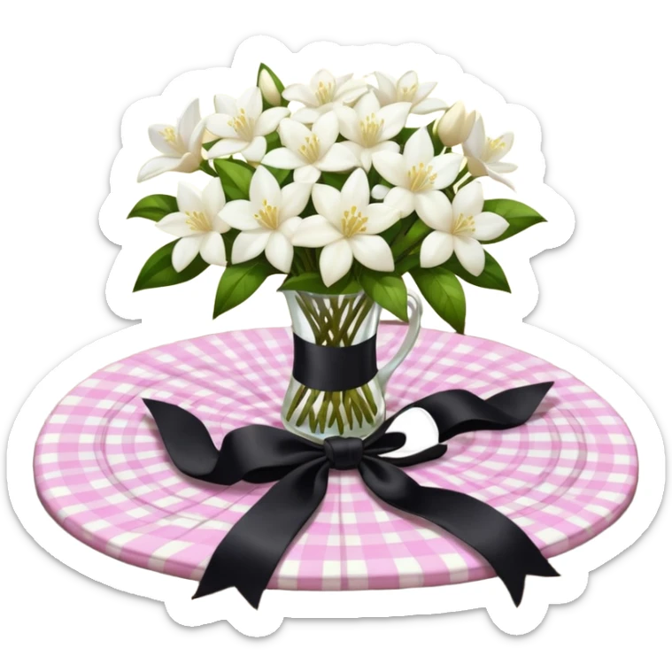 A lush bouquet of white color Jasmin black satin ribbon, resting on an antique wooden table, with a pale yellow and pink plaid pattern table cloth sticker