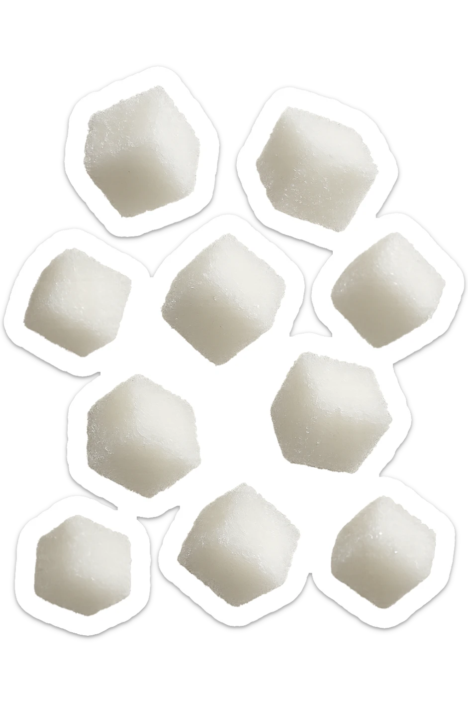 zollette di zucchero fluttuano in aria, iperrealistico 4k sticker