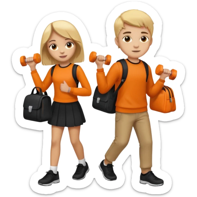 light skin students girl and boy with school bag full of books on hand and dumbell in other hand. Clothes are in black and orange colours. They are going to the gym. They have brown and blonde hair. Dumbell is visible in hand sticker