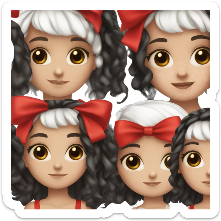 girl with black and white split dye hair, freckles, brown eyes wearing a red bow sticker